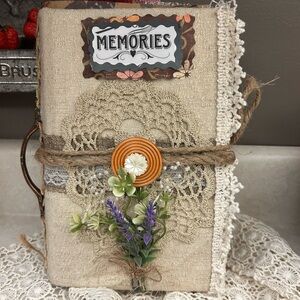 Handmade Rustic 'Memories' Burlap JUNK JOURNAL w Lace & Floral Accent